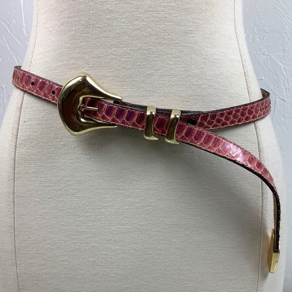 VTG Apple Acc of NY Snakeskin Leather Pink Skinny belt SZ S EUC - Picture 1 of 12